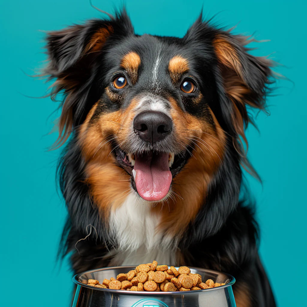 Chien heureux devant un bol en inox rempli de croquettes – accessoires d’alimentation premium ChienDog.