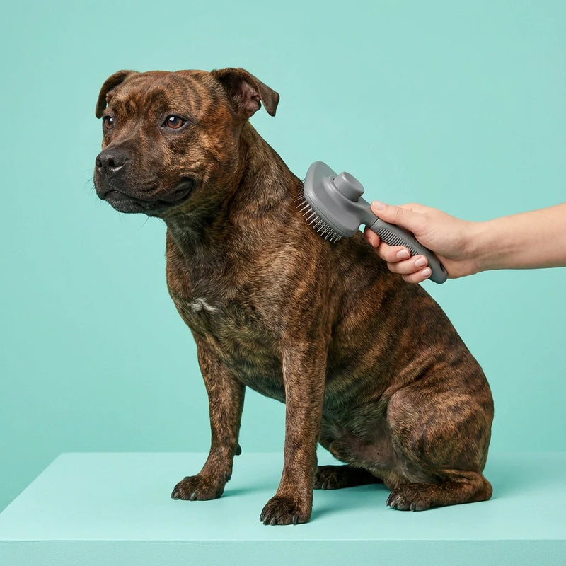 Chien heureux pendant le brossage avec une brosse pour chien, soins et entretien du pelage Chiendog