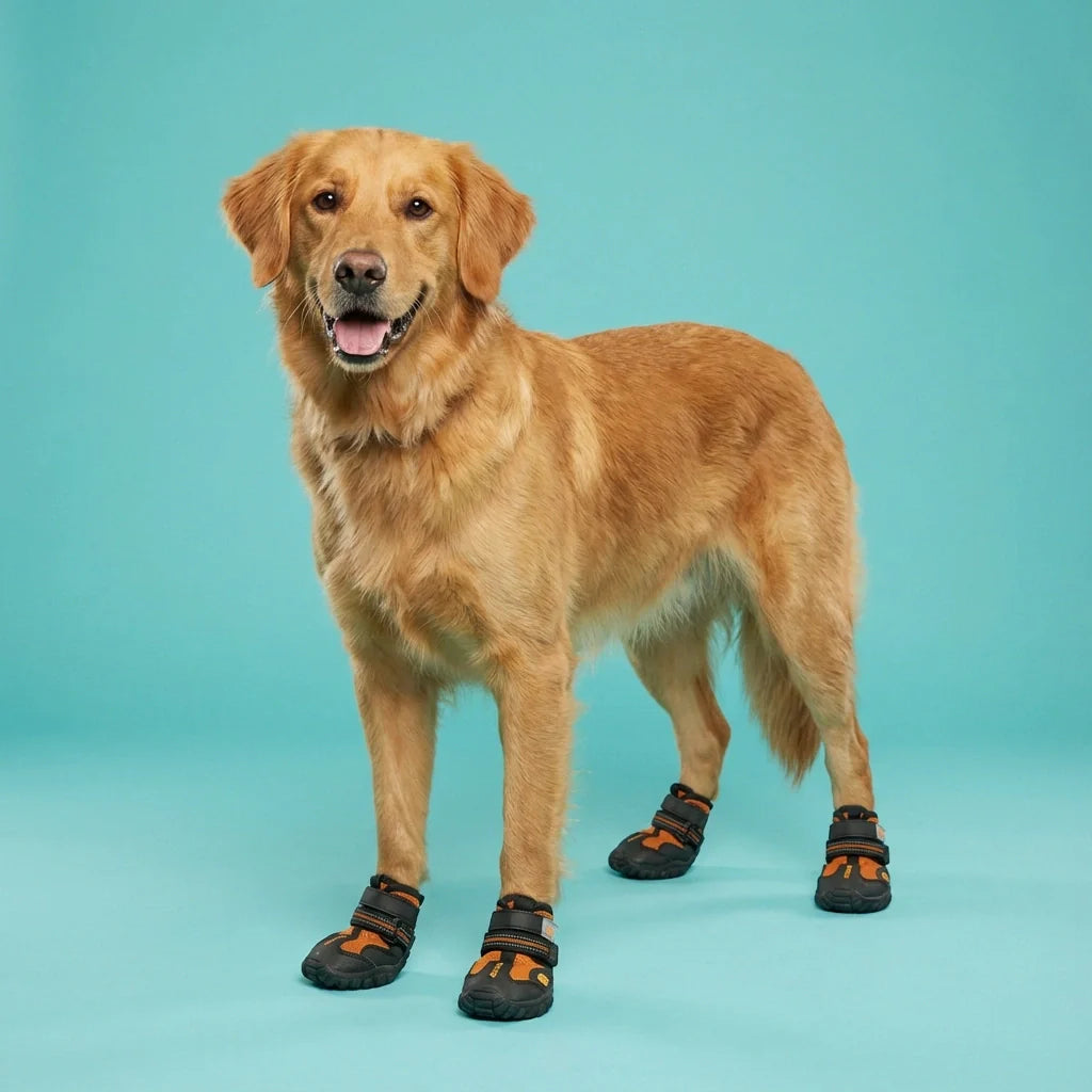 Chien portant des chaussures de protection pour pattes sur fond turquoise en studio