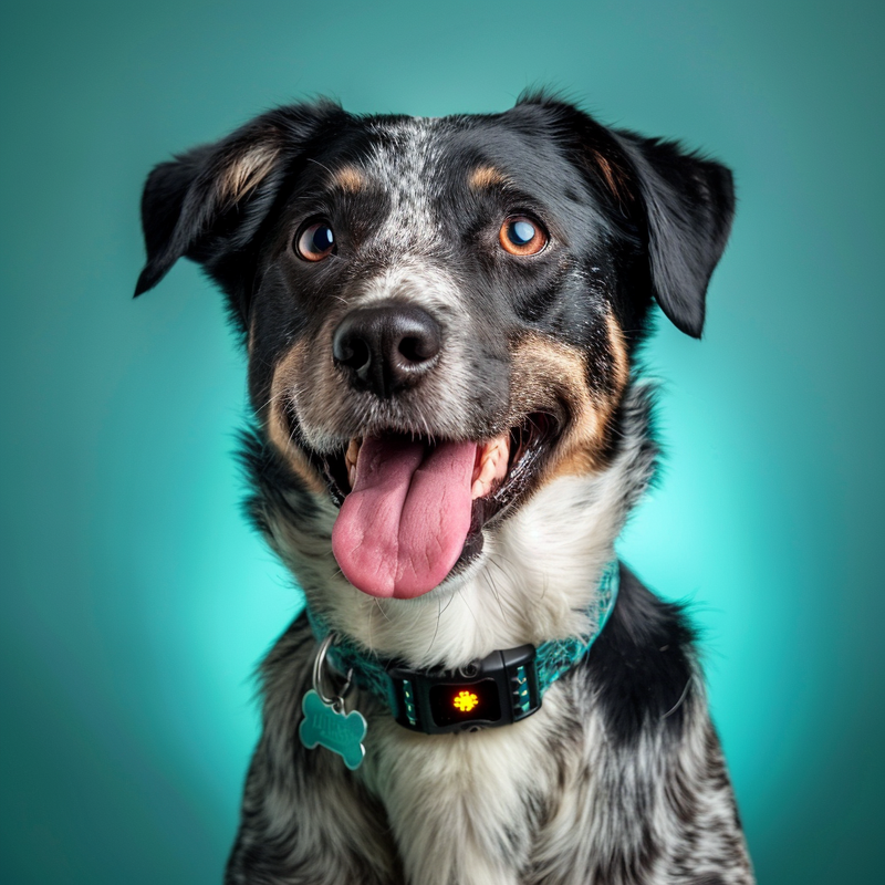 Chien portant un collier GPS lumineux en studio sur fond turquoise – sécurité et localisation pour chiens fugueurs.