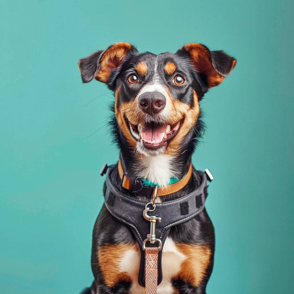Chien portant un harnais solide et une laisse, prêt pour la promenade – Collection Promenade & Transport ChienDog
