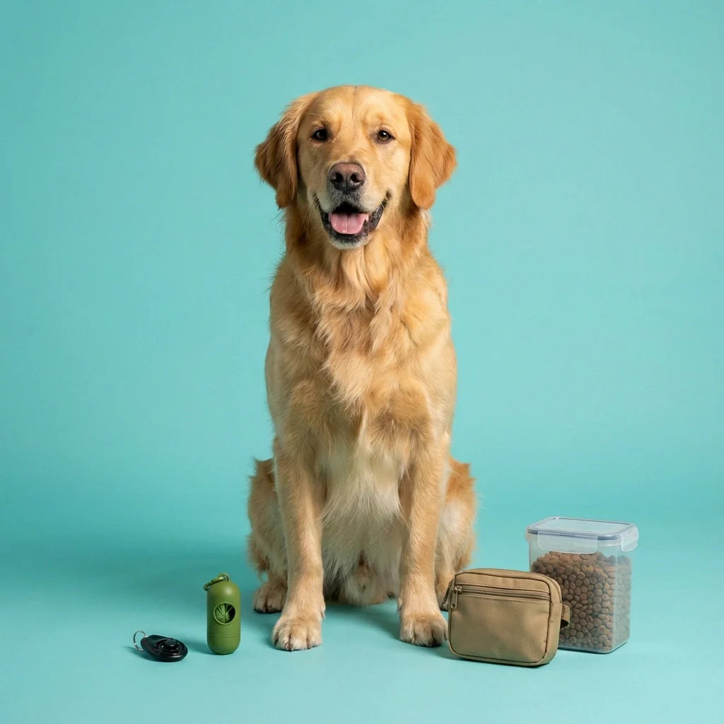 Accessoires pour chien variés avec chien assis sur fond turquoise – collection ChienDog