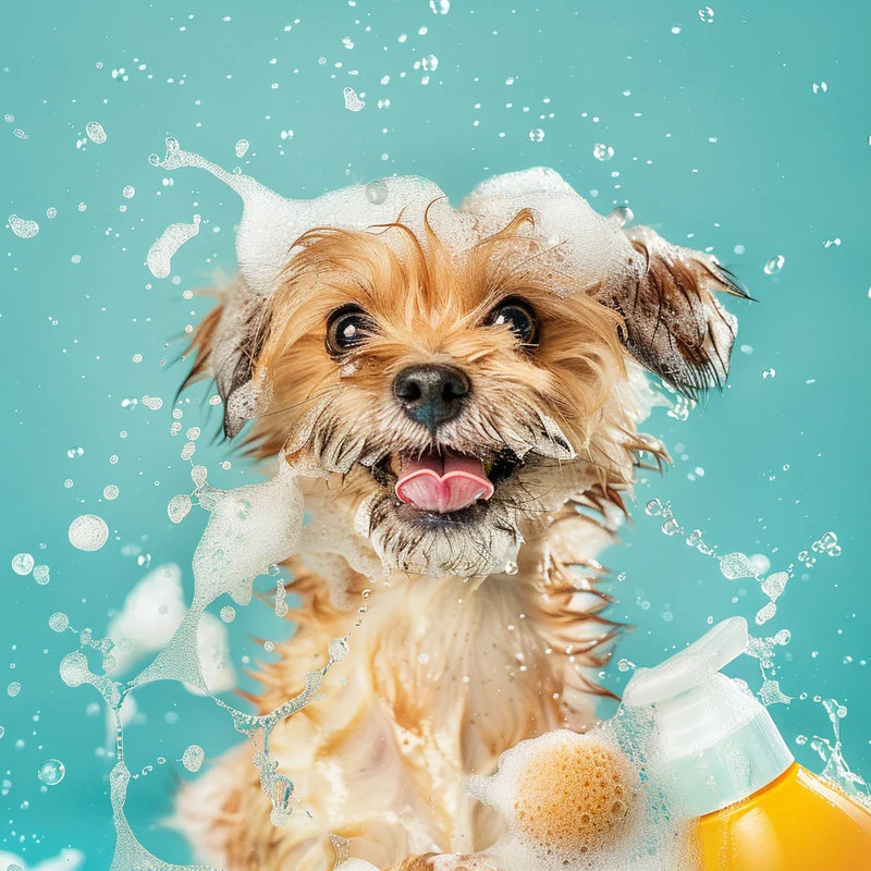 Chien joyeux couvert de mousse pendant le bain, représentant la collection Hygiène & Soins ChienDog.