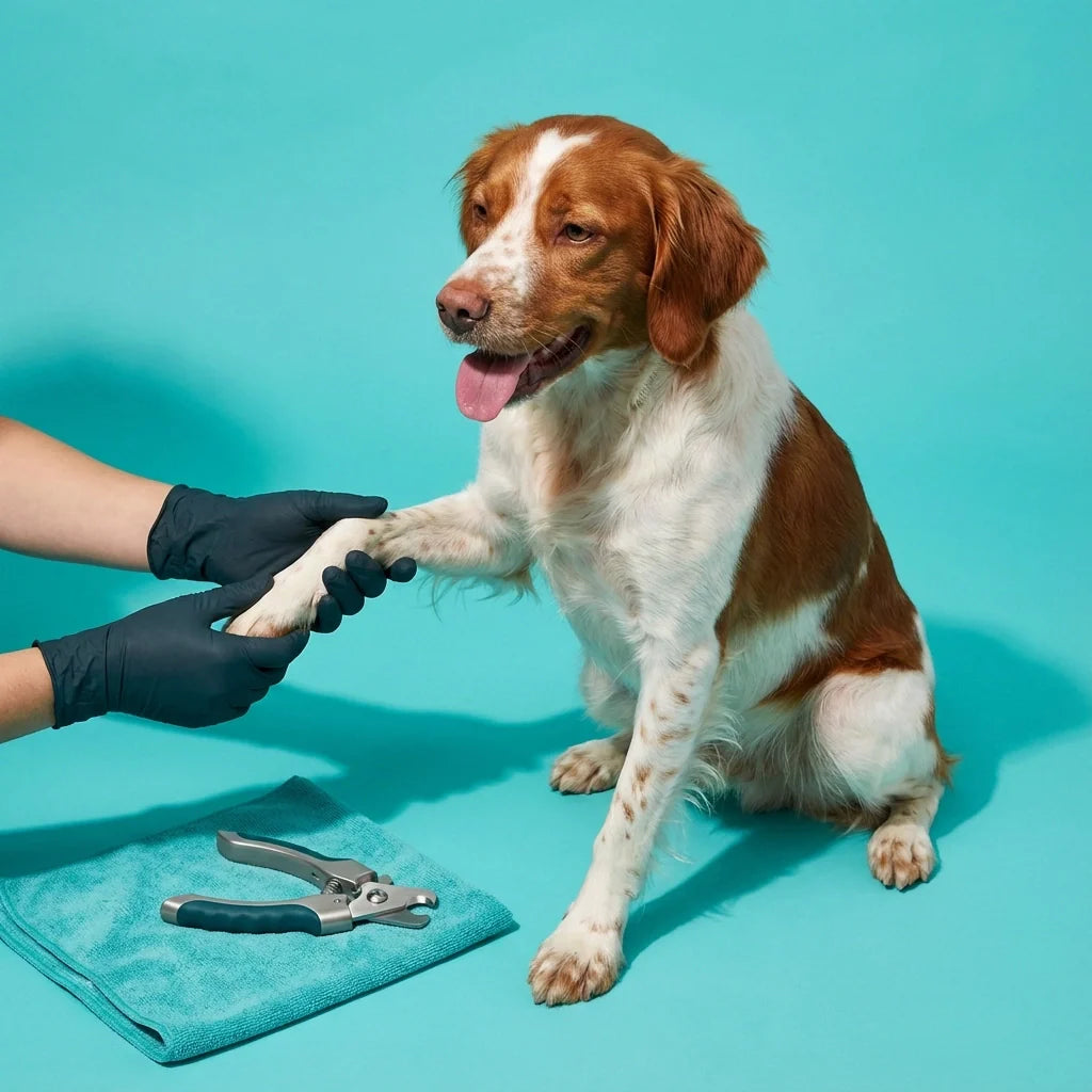 Chien calme pendant un soin de coupe griffe avec fond turquoise