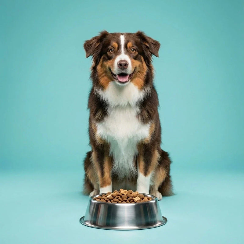 Chien heureux mangeant dans une gamelle en inox design ChienDog