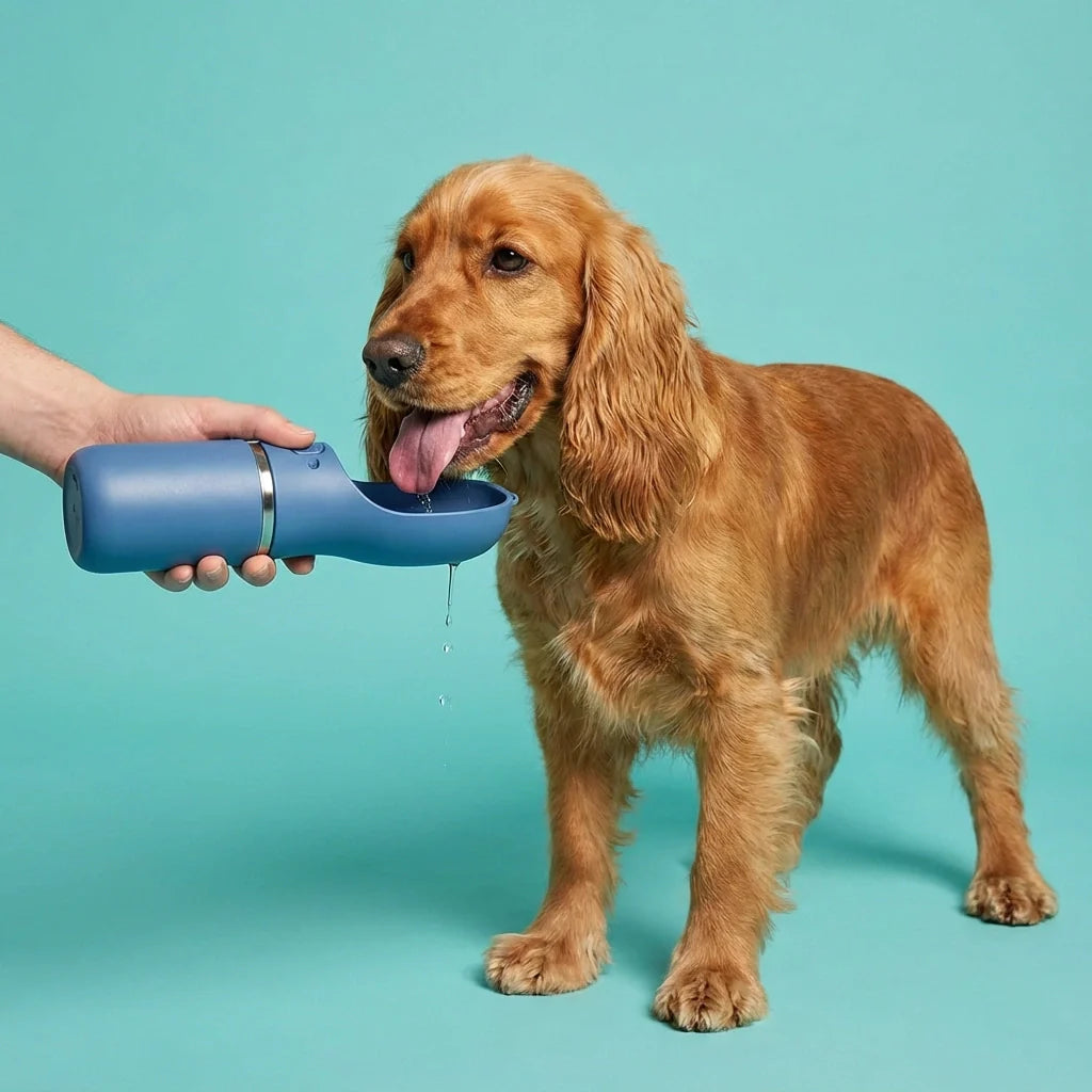 Chien buvant de l’eau avec une gourde portable pour chien lors d’une promenade