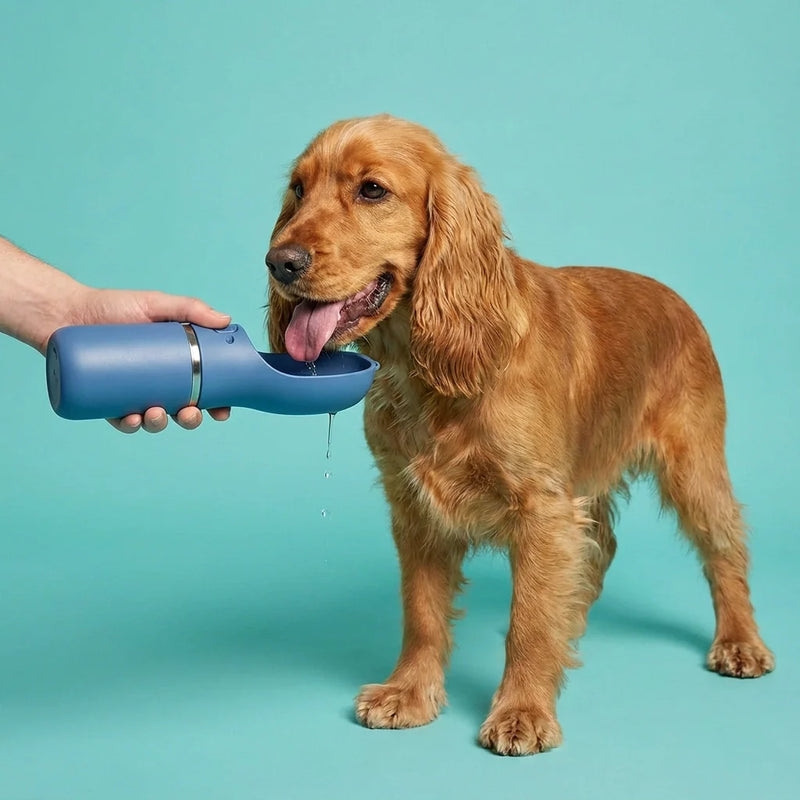 Chien buvant de l’eau avec une gourde portable pour chien lors d’une promenade