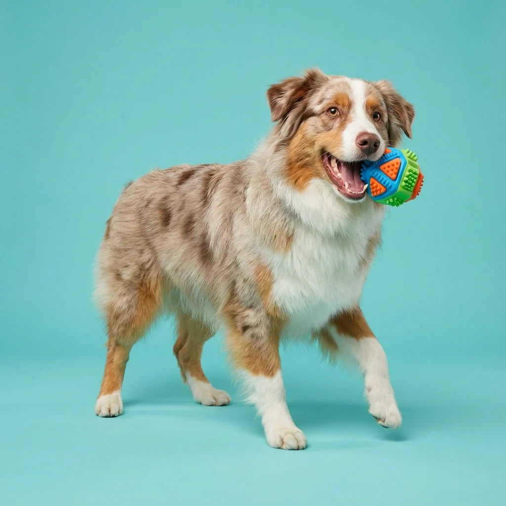 Chien joueur tenant un jouet pour chien sur fond turquoise – collection Chiendog